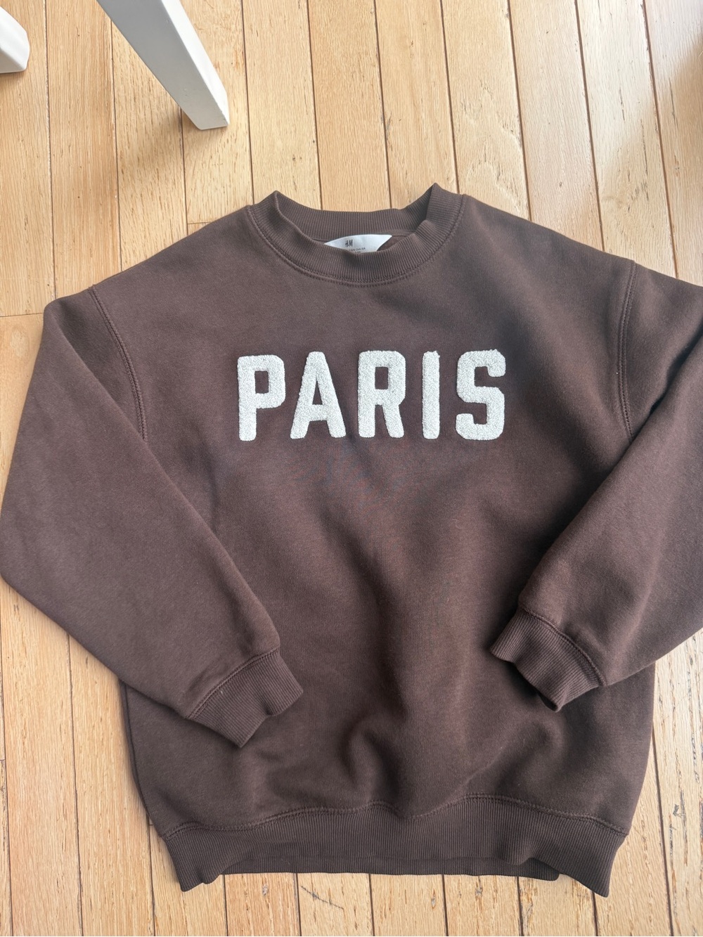 H&M Brown Crewneck Sweater with White 'PARIS' Chenille Logo kids